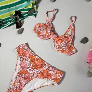 NWOT Women's Floral Print High Waist Bikini Swimsuit Underwire Spaghetti Strap L